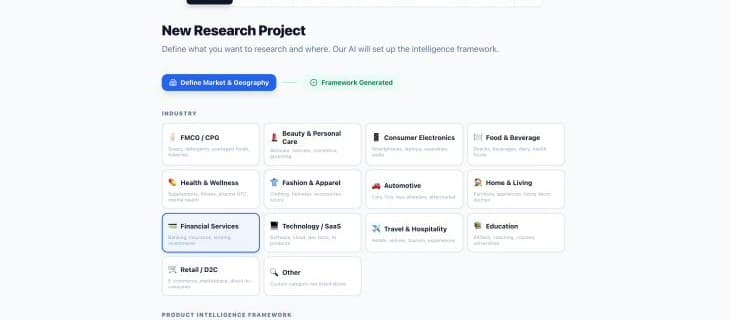 Urchin platform scope screen — industry selector and AI-generated research framework